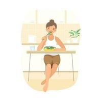 contento mujer en el cocina comiendo ensalada, sano estilo de vida vector