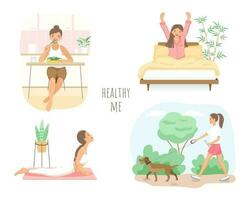 A set of images of subjects that ensure a woman's health. A woman eating healthy food. A woman walking in the fresh air. A woman practicing yoga.  The woman has a good night's sleep. vector