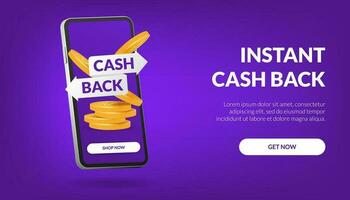 Instant cashback, web banner concept on a mobile app. Ideal for banners, promotions, and online businesses. Illustration of a smartphone symbolizing convenient and secure cashback transactions. vector