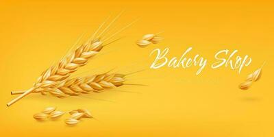 Realistic 3D illustration of a golden ear of wheat on a yellow background with seed. Perfect for bakery shops, agriculture related designs. Represents autumn harvest, natural ingredients, healthy food vector