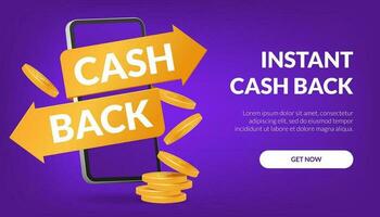 Instant cashback, web banner concept on a mobile app. Ideal for banners, promotions, and online businesses. Illustration of a smartphone symbolizing convenient and secure cashback transactions. vector