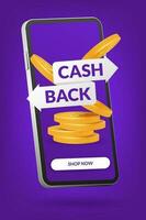 3D vector featuring a cashback concept on a mobile app interface. Perfect for advertising, banners, and online businesses. Illustration of a smartphone symbolizing convenient cashback transactions