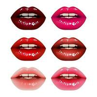 colección de hermosa 3d ilustraciones de realista y lustroso labios. conjunto de belleza y glamour labios, con caliente rosado y vibrante rojo sombras. sexy labios simbolizar deseo y amor vector