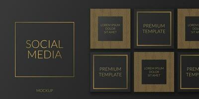 3D collage vector image featuring a grid feed of posts. Mockup template perfect for advertising, branding, and social media themes. Black and gold accents create a luxurious and modern look