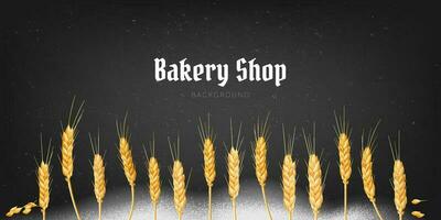 Realistic 3D vector illustration of golden wheat spikes and rye, perfect for traditional festivals and bread making designs. Spilled flour all over the surface. Bakery shop banner