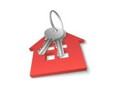 3D vector image of a realistic silver metal key with red house trinket. Representing estate ownership, property, and investment projects.