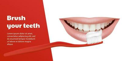 3D vector banner featuring a red toothbrush brushing realistic teeth with a beautiful smile. For dental equipment or whitening treatment. Toothpaste promotion, protection and enamel whitening