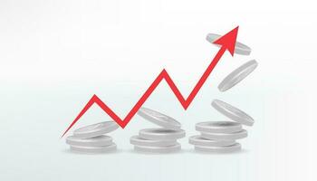 3D vector image illustrating financial growth and success with a stack of metal coins and an upward arrow graph. Represents accounting, banking, and financial concepts. Signifies achievement, progress