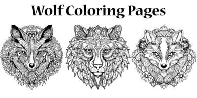 A set of wolf head coloring book page design photo