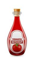 The glass bottle is filled with delicious and healthy tomato sauce. 3D vector illustration of a realistic tomato ketchup bottle.