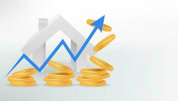 Realistic 3D vector image of a stack of golden coins with an upward graphic arrow chart. Perfect for real estate, property, and investment projects. White house on the background