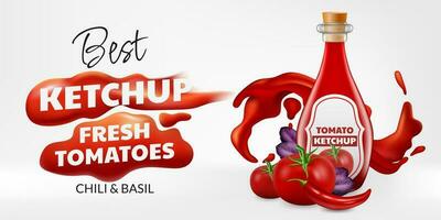 Realistic 3D vector illustration of a glass bottle with vibrant and tasty ketchup. The image showcases the liquid sauce dripping and forming a stain. For ads, banners, or packaging designs