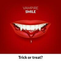 Vector illustration of a vampire smile, featuring sharp fangs and blood red lips with bloodstains and drops. Ideal for horror or spooky themes. Vampire bite. Get ready for a Halloween trick or treat