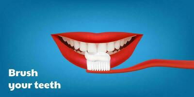 3D blue banner featuring a red toothbrush brushing realistic teeth with a beautiful smiling red lips. For dental equipment, caries treatment. Toothpaste promotion, protection and enamel whitening vector