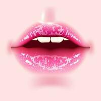 realista labios con un lustroso brillar. el brillante textura agrega un toque de glamour y estilo a estos maravilloso rosado labios. Perfecto para cosmético, moda, San Valentín día, lápiz labial promoción bandera vector