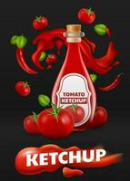 Realistic 3D vector illustration featuring a bottle of flavorful tomato ketchup against a black background. Vibrant red color of the sauce, accented by basil leaves and chili peppers