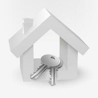 3D illustration of a white house with realistic silver metal key. Perfect for real estate, property, and housing projects. vector