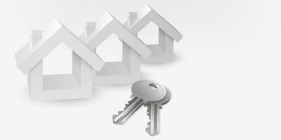 3d vector imagen de un real inmuebles blanco casa, realista plata llaves . ilustra propiedad compra, inversión, hipoteca, hogar comprando proceso, y ingresos generación. Perfecto para real inmuebles