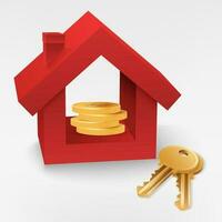 Realistic 3D vector image of a pile of golden coins with a red house and metal key. Perfect for real estate, property, and investment projects. Includes concepts of wealth, prosperity, and success