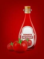 Realistic 3D vector illustration featuring a glass bottle of delicious and fresh tomato ketchup. Perfect for food, snack, or beverage related designs. For mockups or showcasing tomato ketchup
