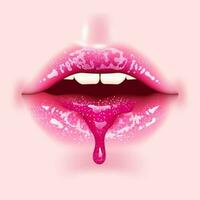 3D illustration featuring realistic lips with a stunning pink lip gloss effect. The lips glisten with shimmer and glitter, resembling a luxurious liquid drop. Trendy dripping lips. For cosmetic vector