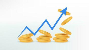 3D vector illustration of a golden stack of coins with an upward arrow graph. Symbolizes financial success, wealth, and growth. Perfect for banking, investment, and finance concepts.