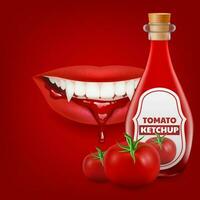 3d ilustración de realista rojo labios con un vampiro colmillos salsa de tomate gotea desde el labios, sus un gracioso y creativo anuncio concepto. Perfecto para comida anuncios, pancartas, o salsa de tomate promociones vector