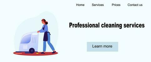 Web site design. Cleaning services. Landing page. Woman washing the floor with scrubbing machine. Industrial vacuum cleaner.  Housemaid cleaning the apartment, office.  Cleaning service. Cleaner app. vector