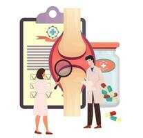 Joint disease concept. Doctors examining knee joint and prescribing medicines, cure. Osteoarthritis, rheumatoid arthritis treatment. Knee injury. Checkup after trauma. Flat vector illustration.