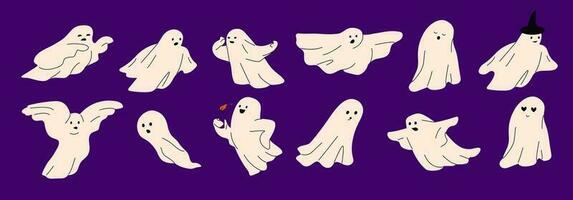 Set of lovely nice ghosts with different emotions. Halloween. Spirits, phantoms. Sticker. Collection. Flat vector illustration for children.