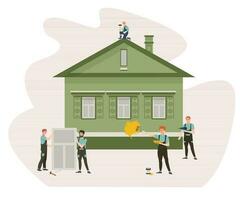 House renovation. Masters fixing wooden house. Windows installation, walls painting, drilling, renovating. Work team wearing uniform. Flat vector illustration.