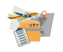 Logistics concept. Big box delivered by plane. Cargo delivery. International delivery service. Logo, icon. Flat vector illustration.