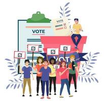 Elections concept. Group of people voting and putting ballot papers in the ballot box. Democracy, freedom of speech, justice. Referendum. Vote abstract flat vector illustration. Tiny people.