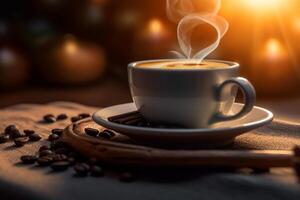 aromático taza de recién elaborada café con café frijol en el lado, ángulo medio disparo, ai generado foto
