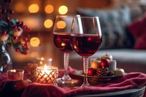 Red Candlelit Dinner with a Glass of Wine, Close-up Shot, AI Generated photo