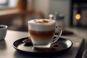 hermosamente en capas Café exprés con espumoso leche, ángulo medio disparo, ai generado foto