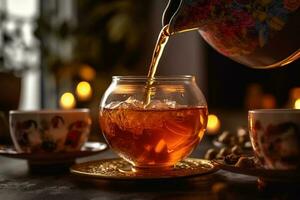 Graceful Pouring of Classic Tea in Traditional Pot, Mid-angle Shot, AI Generated photo