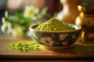 Vibrant Green Tea Powder in a Traditional Bowl, Close-up Shot, AI Generated photo