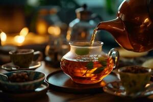 Graceful Pouring of Classic Tea in Traditional Pot, Mid-angle Shot, AI Generated photo