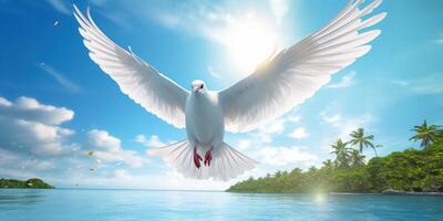 International Peace Day, White Dove Flying on Blue Sky Background, Bird of Peace Symbol. Generative Ai photo