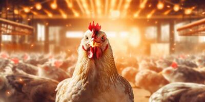 Close Up Chicken on Sunny Light Background, Egg Chickens Farm. photo