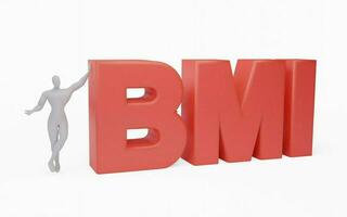 3D render of businessman leaning on the word BMI iilustration. photo