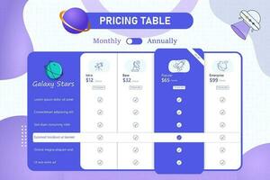 4 Plan Pricing Table Template Design, Comparison table. Price chart template, business plan pricing grid, web banner checklist design template. Vector compare price design, Space Theme Illustration.