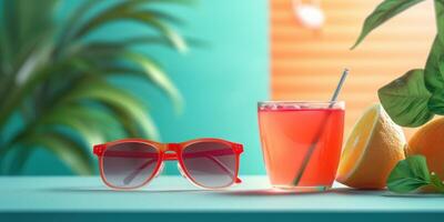 Freshy Fruit Juice Background with Various Fruits, Summer Festive Time. photo