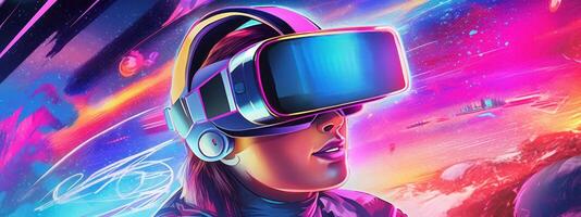 Woman with VR Headset Exploring the Metaverse, Virtual Reality Glasses of Modern Technology. photo