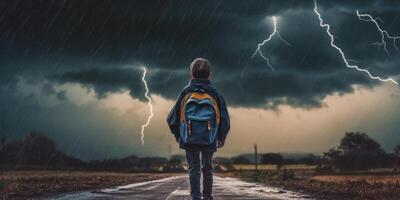 Student with Backpack Walk to School Thunder Storm Background, Back to School Concept. Generative Ai photo