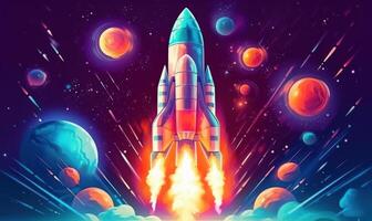 Rocket Launching to Space Background, Space Exploration Illustration. photo