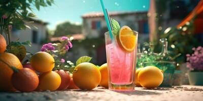 Freshy Fruit Juice Background with Various Fruits, Summer Festive Time. photo