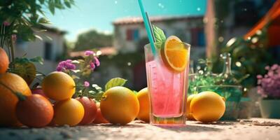 Freshy Fruit Juice Background with Various Fruits, Summer Festive Time. Generative Ai photo