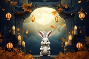 Cheerful Rabbit Celebrating Mid Autumn, Happy Mid Autumn Festival Background. Generative Ai photo